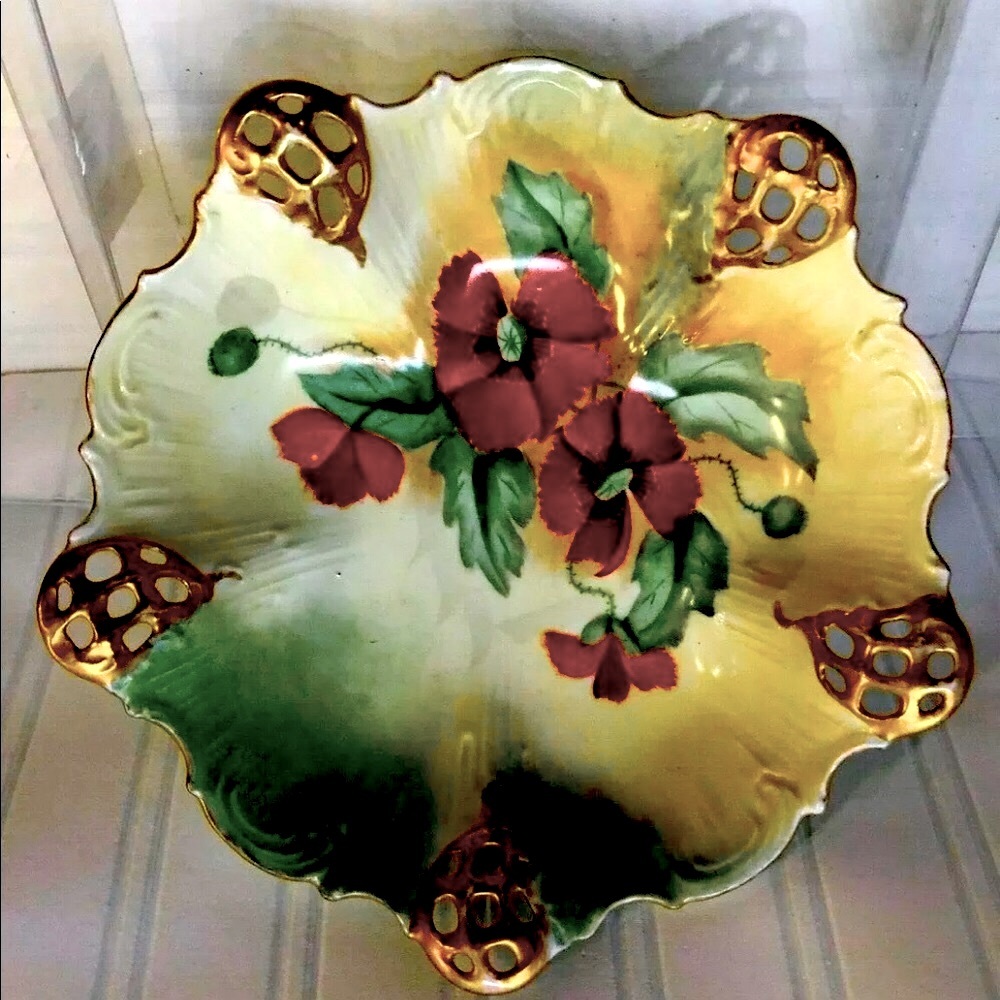 Unique Dish 100 years old Bowl RC Moliere Bavaria Red Gold leaf Flowers ANTIQUE